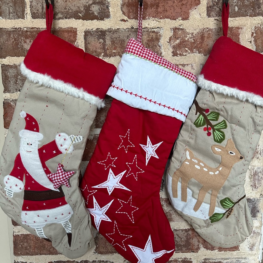 3 New Quilted Christmas cotton embroidered Stockings: Star+reindeer+Santa